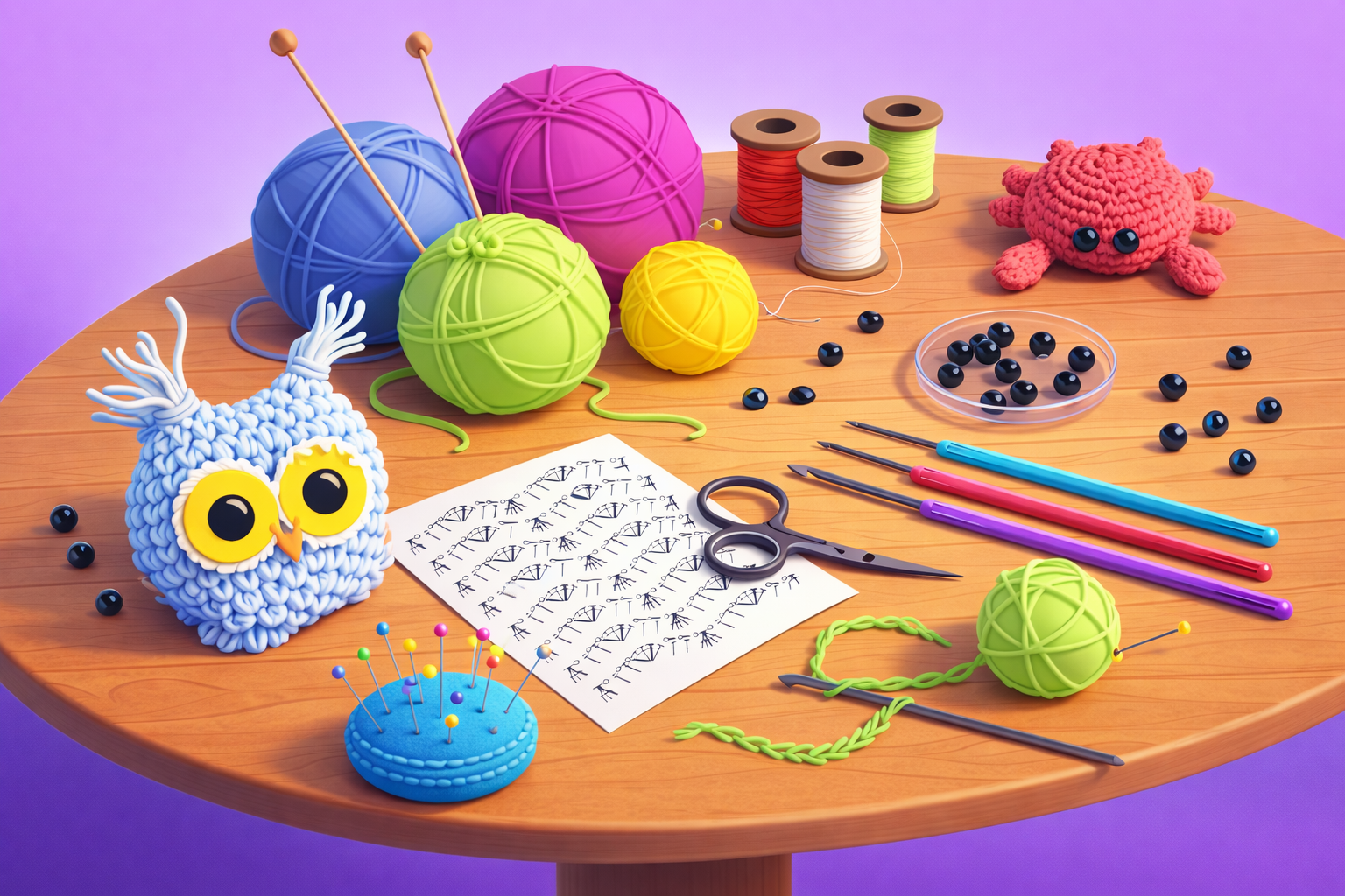 Crochet crafting table with yarn balls and supplies